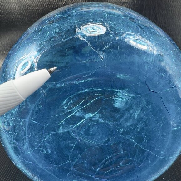 Blenko Blue Crackle Glass Bottle Decanter Vase Hand Blown Manganese 365nm Glow - Picture 5 of 16